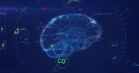 Floating Holographic 3D Brain Wireframe Mapping Neural Network with Neon Nodes and HUD