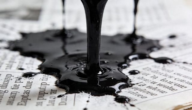 Thick black ink pouring and spreading on newspaper with glossy ripples and droplets