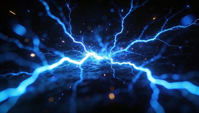 Surging blue electricity radiating from neon core over dark textured surface