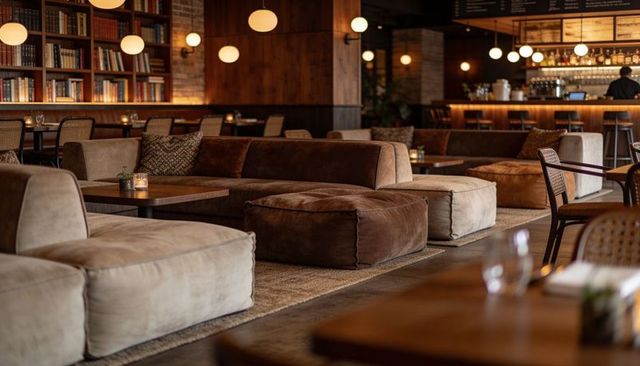 Anchoring plush sectional sofa and ottoman creating cozy lounge bar atmosphere warm wood lighting