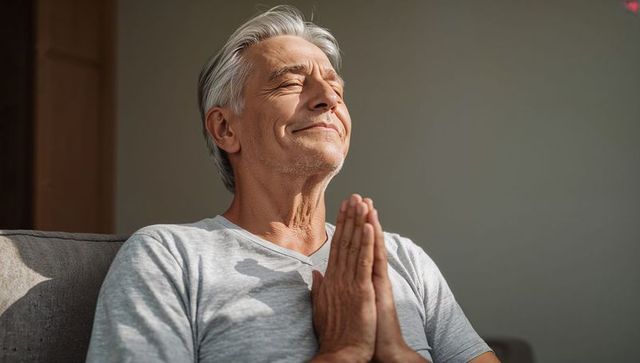 Mature man practicing mindful meditation at home with serene expression and clasped hands