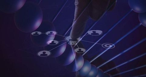 Fingertip activating neon network node on futuristic dna helix interface with user icons