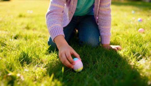 Child collecting pastel easter egg on sunlit backyard lawn wearing cardigan and jeans