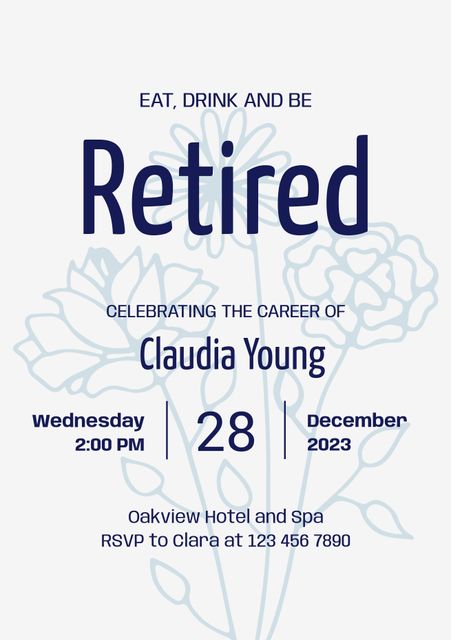 This invitation template is perfect for celebrating a professional's retirement. The subtle floral background and blue tones create an elegant atmosphere ideal for a formal retirement event. The template is customizable, allowing for personalization of the retiree's name, event date, and venue details. Suitable for use in corporate settings, career celebration events, and formal gatherings. Ideal for event planners, corporate HR, and individuals organizing a retirement party.