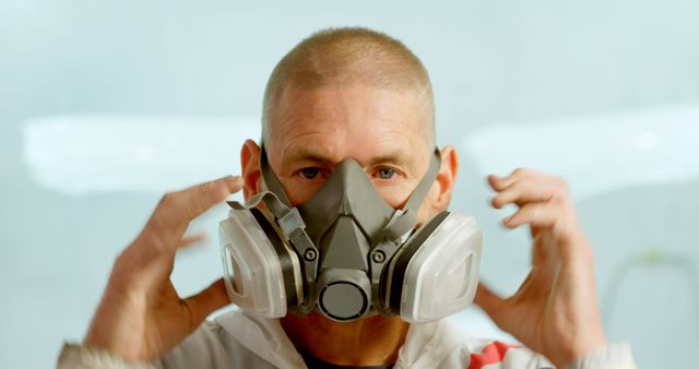 Person wearing an industrial respirator mask up close, focusing on safety and health in a professional environment. Ideal for topics about workplace safety protocols, industrial workers, and protective equipment standards.