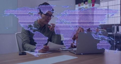 Team collaboration with digital world map projection