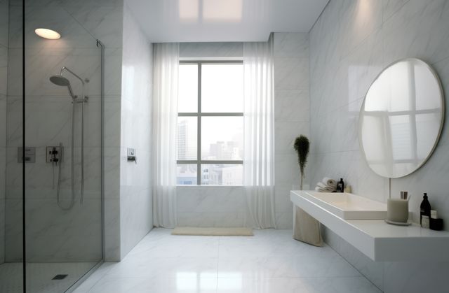 Bright and clean modern minimalist bathroom featuring a large window, shower, and sleek white design. Ideal for use in articles or advertisements related to home day, interior design, renovation projects, bathroom decor, and modern living. Also useful for architectural firms or contractors showcasing examples of high-end bathroom designs.