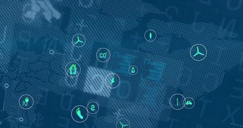 Digital world map with eco icons for sustainability and innovation