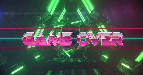 Neon Futuristic Game Over Screen with Green and Pink Glowing Elements