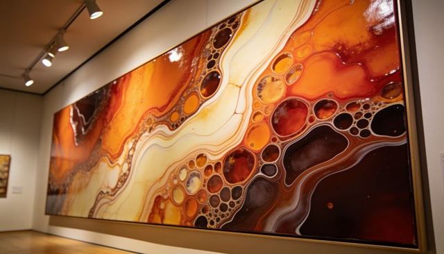 Oversized abstract resin art panel featuring amber bubbles and flowing marbling in gallery