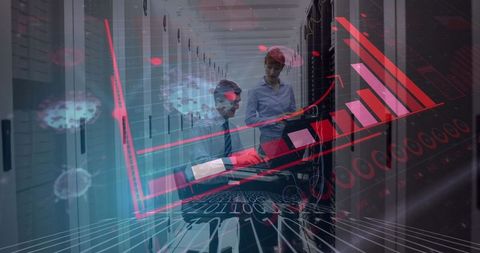 Technicians Analyzing Data in Server Room with Digital Graph Overlay - Download Free Stock Images Pikwizard.com