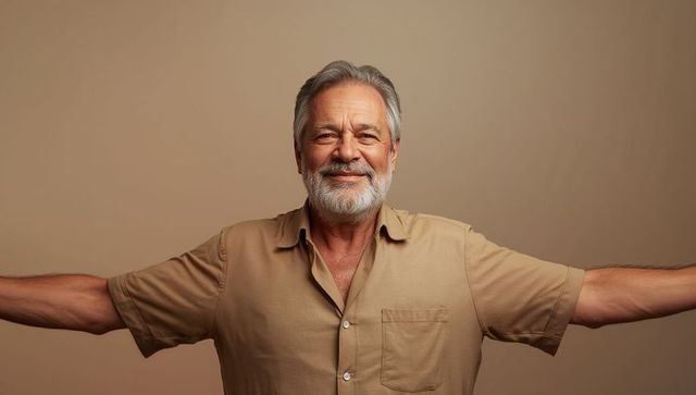 Welcoming Mature Man Smiling with Open Arms in Studio