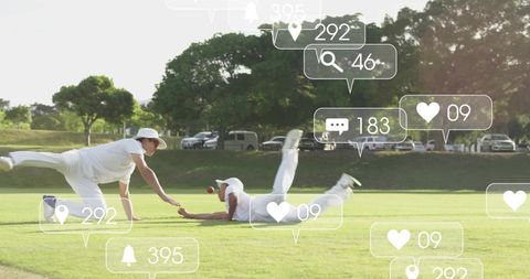 Cricket Players Competing with Social Media Overlay Couch