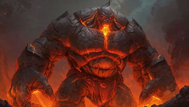 Fiery lava golem amid dramatic volcanic landscape