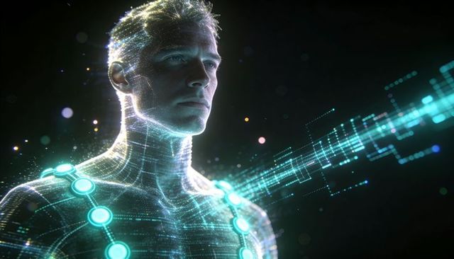 Futuristic holographic male avatar emitting cyan data stream from cybernetic chest nodes