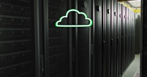 Neon cloud icon over server racks in dim data center aisle cloud computing concept