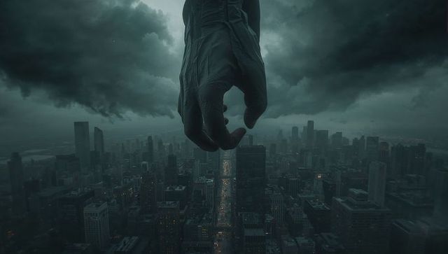 Surreal glove descending on city under brooding storm