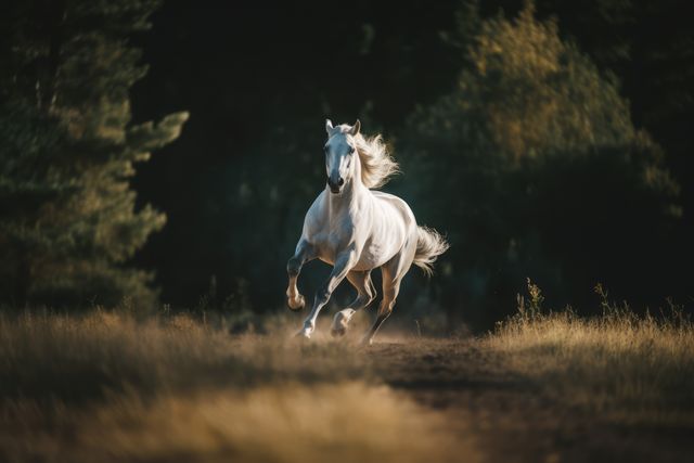 White horse galloping through sunlit clearing in a forest. Ideal for wildlife and nature themes, equestrian-related content, promoting outdoor activities or showcasing animal beauty and power.