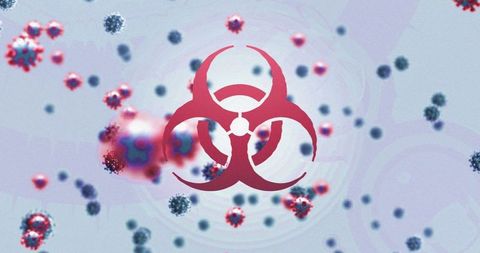 Digital biohazard symbol with floating virus particles