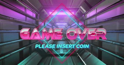 Neon Glowing 'Game Over' Text in Futuristic Fantasy Hallway
