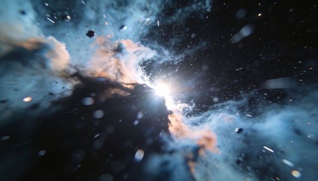 Protostar piercing thick dust emitting white-blue light amid filamentary nebula