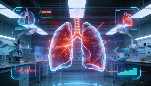 Holographic lungs and trachea projecting glowing vascular network in high-tech lab interface