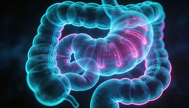 Glowing 3d colon model with neon cyan membrane and pink luminescent microbiome pathways