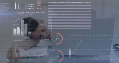 Businesswoman Sleeping with Data and Business Charts Overlaid