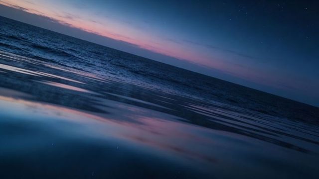 Diagonal dusk ocean reflections on tidal pools with twilight sky and stars