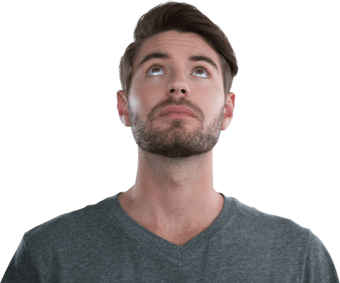 Young Man with Beard Looking Up in Grey Shirt on Transparent Background - Download Free Stock Videos Pikwizard.com