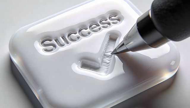 Glossy transparent success badge showing recessed checkmark being filled with metal pen