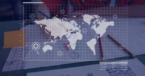 Projecting holographic world map overlay over designer desk sketching global planning