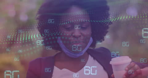 Woman Enjoying Coffee with 6G Technology Interface