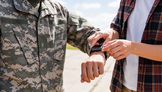 Companion fastening smartwatch on soldier wrist at airfield showing wearable tech use