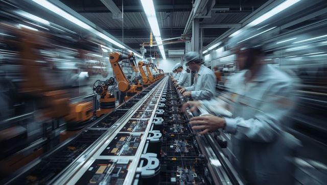 Technicians collaborating with robotic arms in modern factory