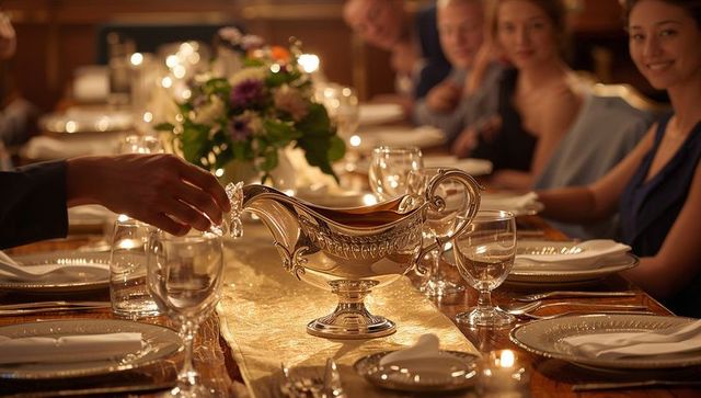 Silver gravy boat gleaming on gold runner during elegant formal dinner with guests
