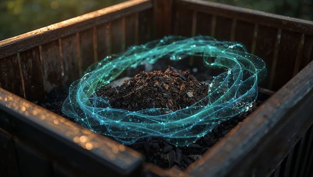 Floating teal holographic ring hovering above dark compost pile in weathered wooden bin