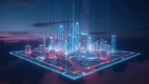 Futuristic Neon City with Streaming Lights Above Clouds