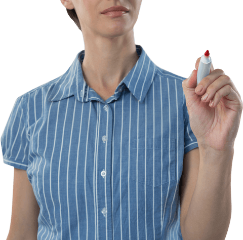 Businesswoman Writing on Transparent Surface in Blue Striped Shirt - Download Free Stock Videos Pikwizard.com