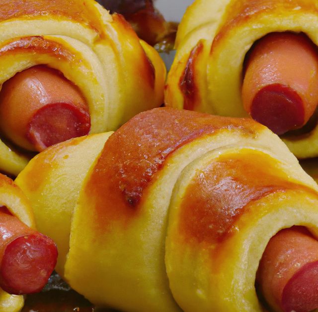 Delicious and golden-brown pigs in a blanket, perfectly baked with flaky pastry wrapping around sausages. Ideal for illustrating concepts of homemade snacks, comfort food, appetizers, and baking. Suitable for use in food blogs, recipe websites, cooking magazines, or advertisements for bakery products.