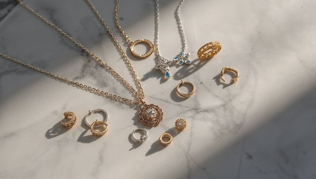 Sunlit gold and silver jewelry on marble featuring ornate pendant and rings