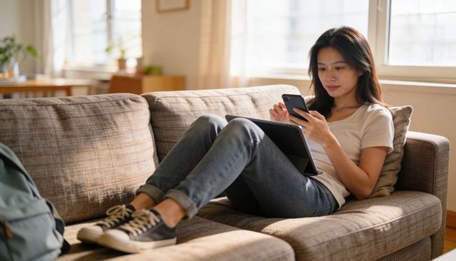 Young woman lounging on couch using smartphone and tablet in sunlit living room wearing jeans and te