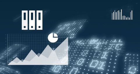 Futuristic data analytics dashboard showing binary matrix and area chart overlay
