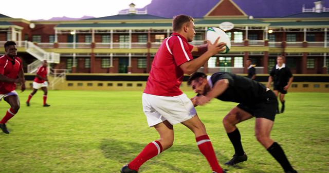 Intense Rugby Match in Progress with Players Competing - Download Free Stock Images Pikwizard.com