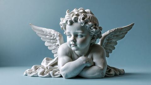 Marble cherub sculpture with wings and draped cloth