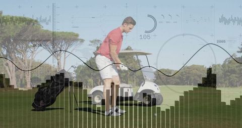 Golfer swinging with tech overlay on lush golf course
