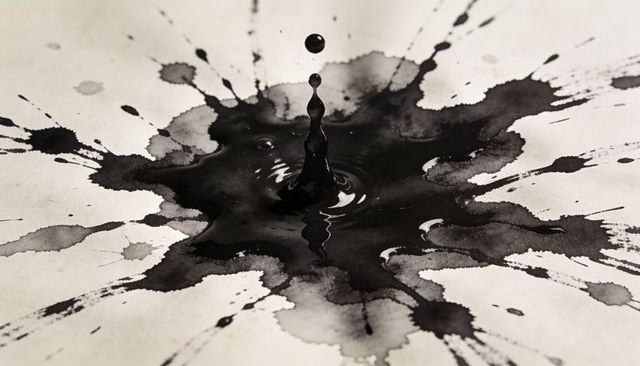 Black ink splash ripples with rising droplet column on light paper monochrome texture