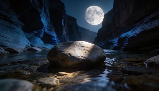 Moonlight glowing boulder reflecting full moon over shallow canyon stream