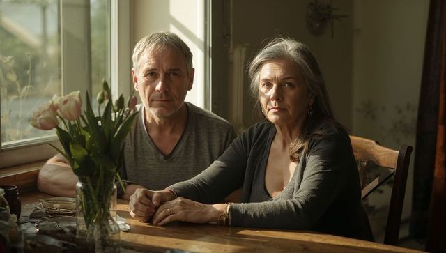 Sunlit senior couple sitting at wooden table holding hands by window with tulips