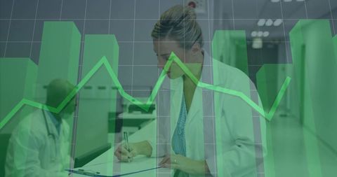 Healthcare Professional Signing Documents with Statistical Overlay